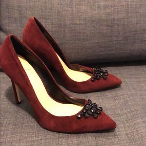 Pair of burgundy suede platform stilettos 8 1/2